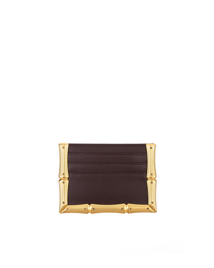Back of Bamboo B Cardholder in Dark Brown leather with 6 card slots and brass bamboo embossed trim thumbnail 2