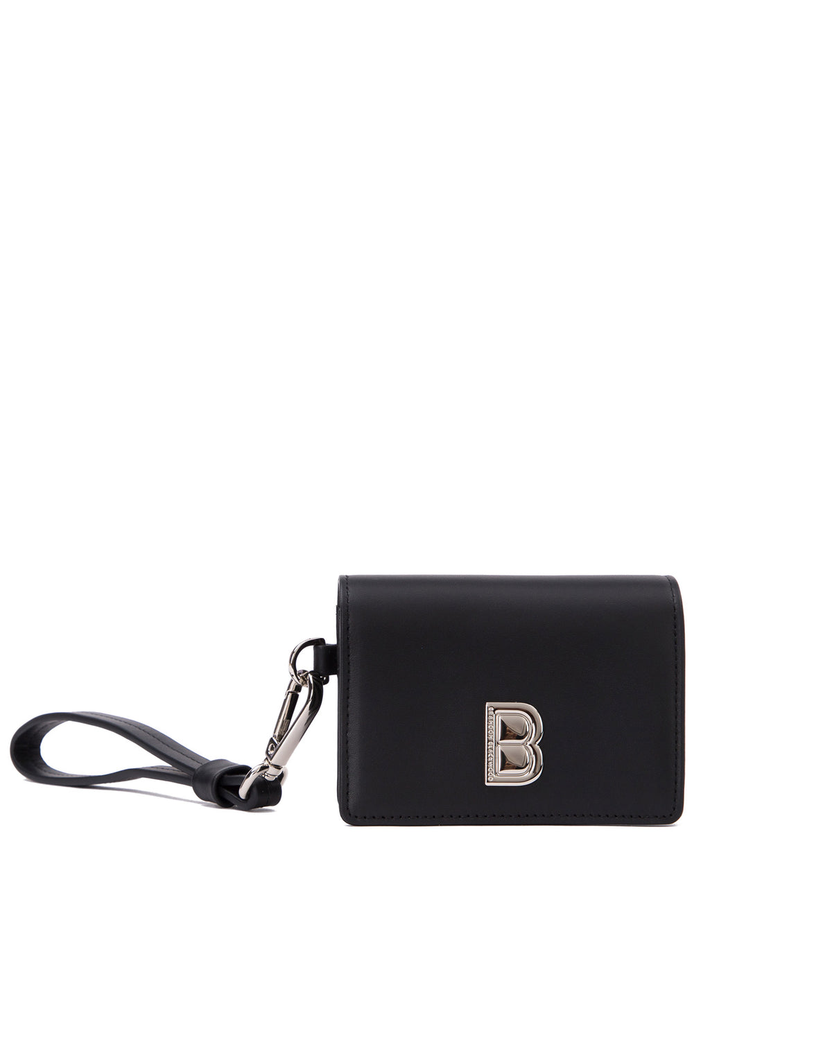 Front of Accordion Card case, black leather body, silver Brandon Blackwood buckle, wristlet