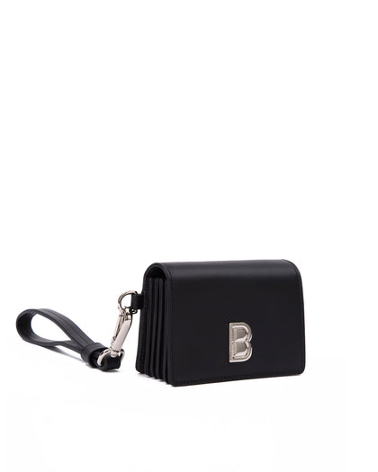 Angled close up of Accordion Card case, black leather body, silver Brandon Blackwood buckle, wristlet thumbnail 2
