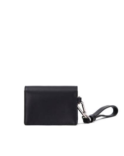 Back of Accordion Card case, black leather body, silver Brandon Blackwood buckle, wristlet thumbnail 5