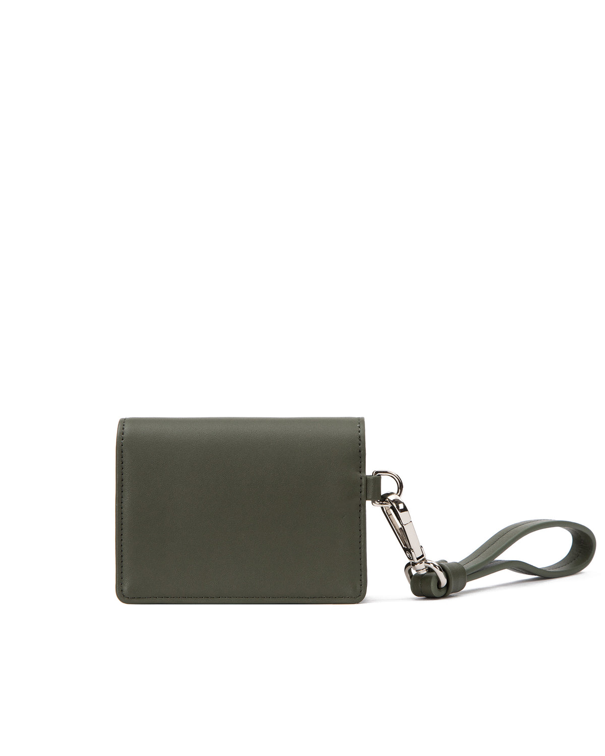Back of Accordion Card case, black leather body, silver Brandon Blackwood buckle, wristlet
