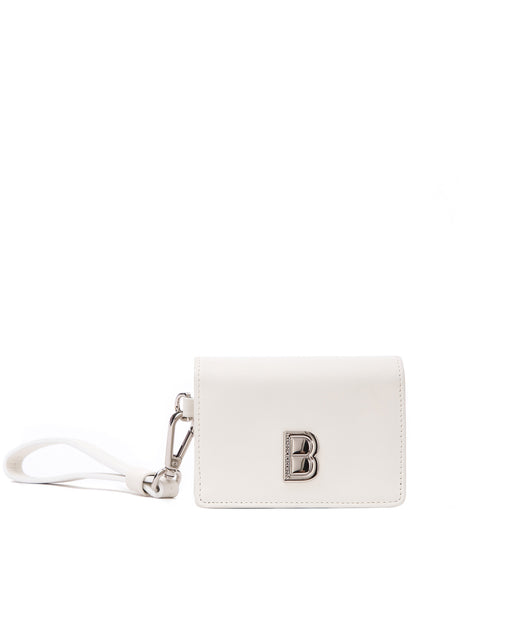 Front of Accordion Card case, white leather body, silver Brandon Blackwood buckle, wristlet