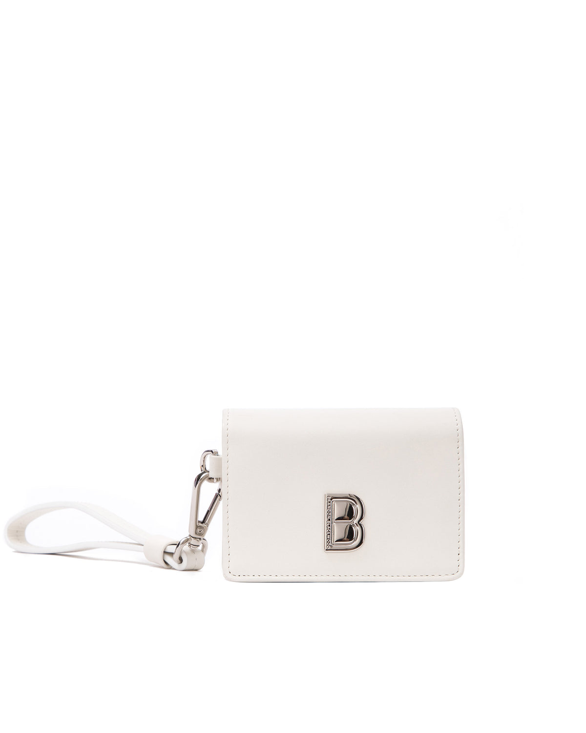 Front of Accordion Card case, white leather body, silver Brandon Blackwood buckle, wristlet