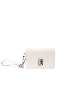 Front of Accordion Card case, white leather body, silver Brandon Blackwood buckle, wristlet