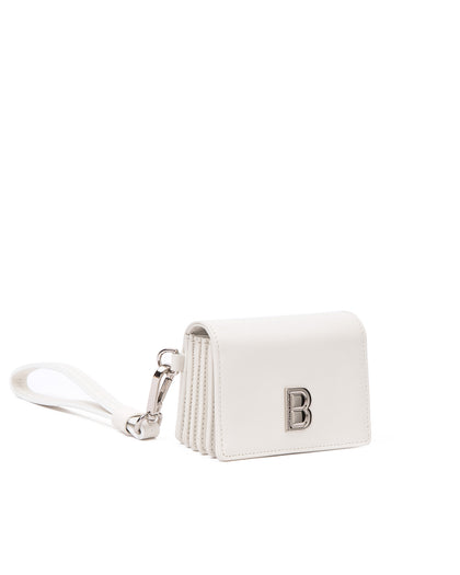 Angled close up of Accordion Card case, white leather body, silver Brandon Blackwood buckle, wristlet thumbnail 2