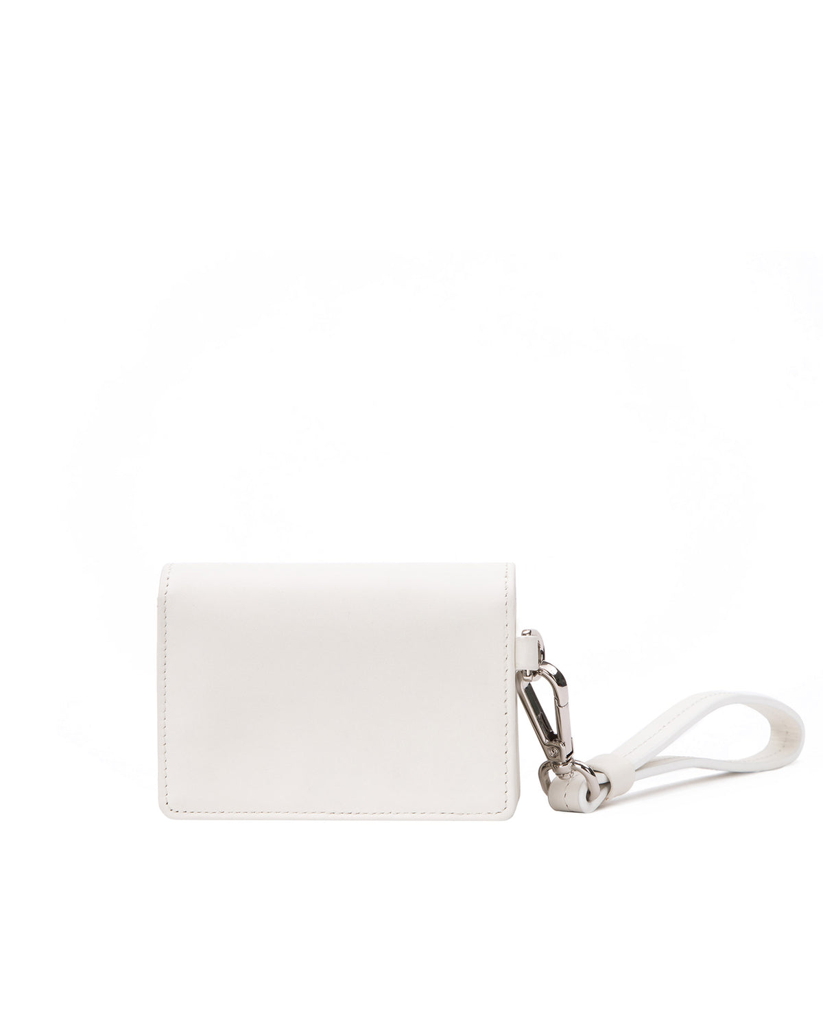 Bottom of Accordion Card case, white leather body, silver Brandon Blackwood “B” buckle, wristlet