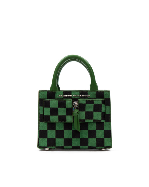 Front of Kuei Bag in black and green checkered ponyhair with ponyhair silver zipper 