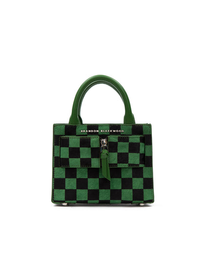 Front of Kuei Bag in black and green checkered ponyhair with ponyhair silver zipper  thumbnail 1