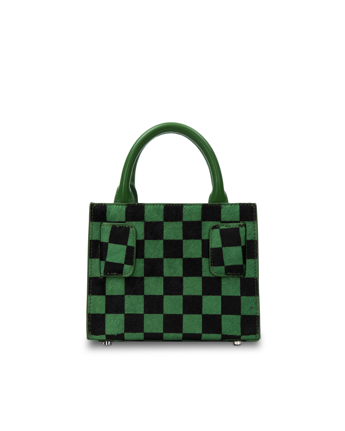 Back of Kuei Bag in black and green checkered ponyhair with black and green checkered ponyhair handle