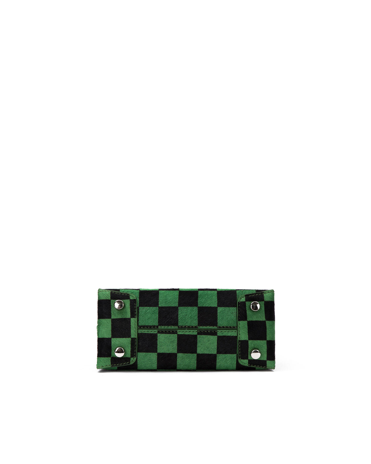 Bottom of Kuei Bag in black and green checkered ponyhair four metal feet