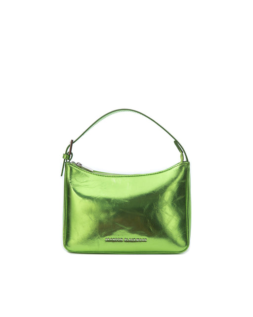 Front of Cortni Bag in crushed metallic green leather with brandon blackwood logo hardware with  crushed metallic gold leather strap 