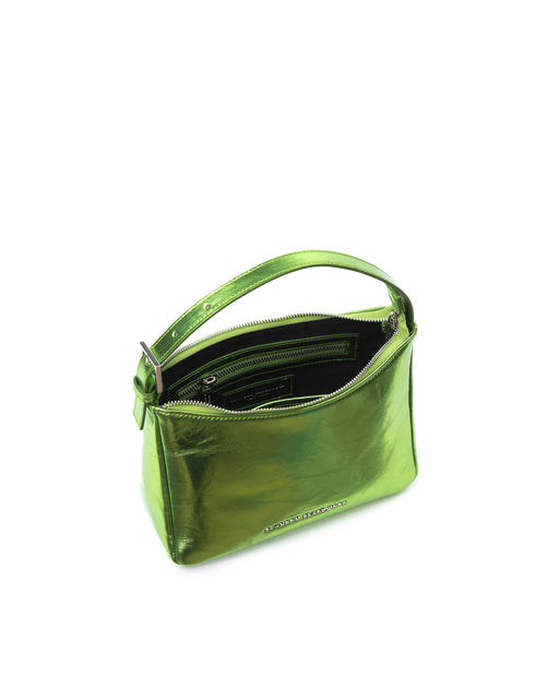 Angled over head view of Cortni Bag in crushed metallic green leather with open top zipper