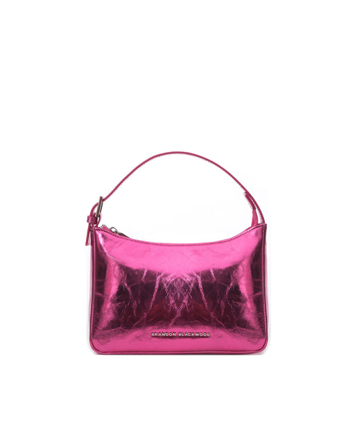 Front of Cortni Bag in crushed metallic hot pink leather with brandon blackwood logo hardware with  crushed metallic hot pink  leather strap 