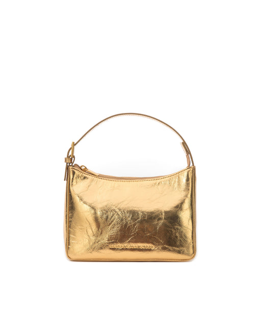 Front of Cortni Bag in crushed metallic gold leather with brandon blackwood logo hardware with  crushed metallic gold leather strap 