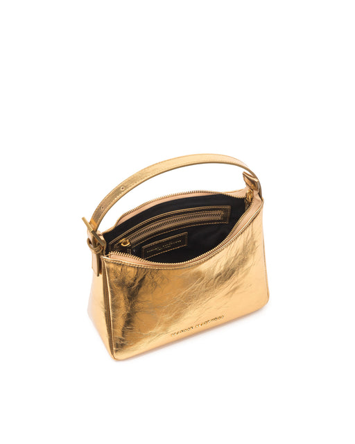 Angled over head view of Cortni Bag in crushed metallic gold leather with open top zipper