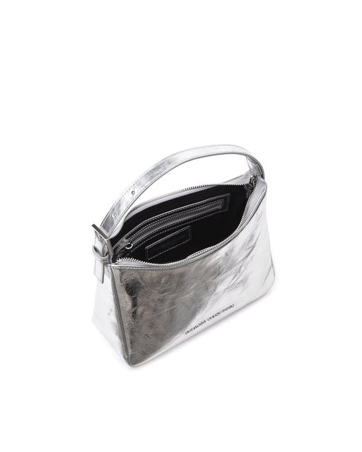 Angled over head view of Cortni Bag in crushed metallic silver leather with open top zipper