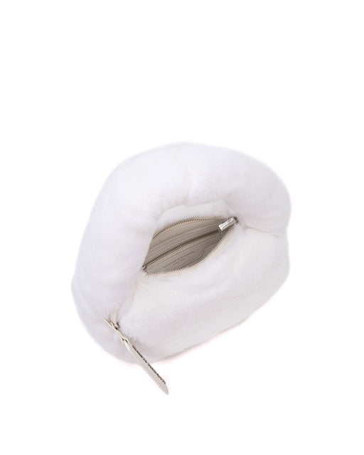 Angled over head view of Parker Shoulder Bag in White Rex Rabbit Fur with wide open zipper
