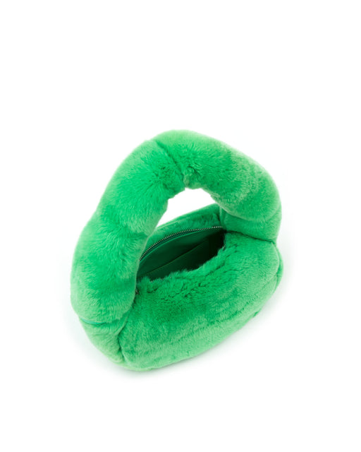 Angled over head view of Parker Shoulder Bag in Green Rex Rabbit Fur with wide open zipper