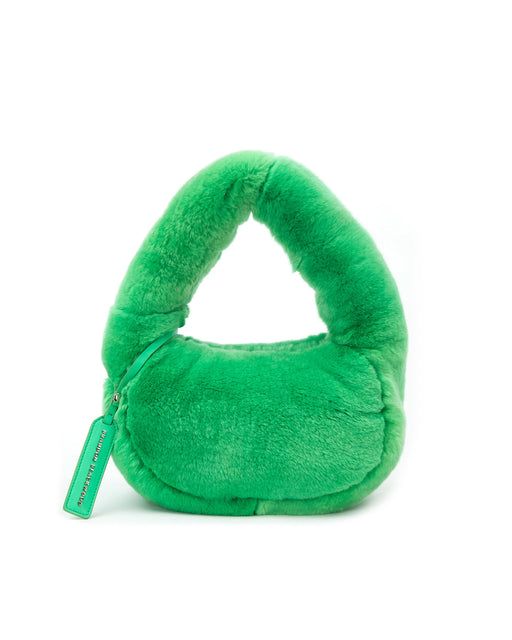 Front of Parker Shoulder Bag in Green Rex Rabbit Fur with Genuine Leather Details 