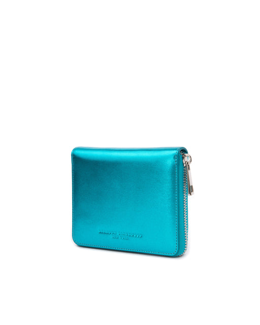 Angled close up Tristan Bi-fold Wallet in Metallic Blue Leather 