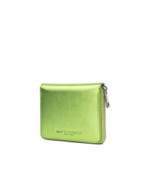 Angled close up Tristan Bi-fold Wallet in Metallic Green Leather 