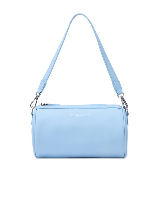 Front of Bianca Duffle in powder blue leather with leather shoulder strap 
