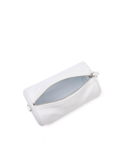 Angled over head view of Bianca Duffle in White leather with top zipper open