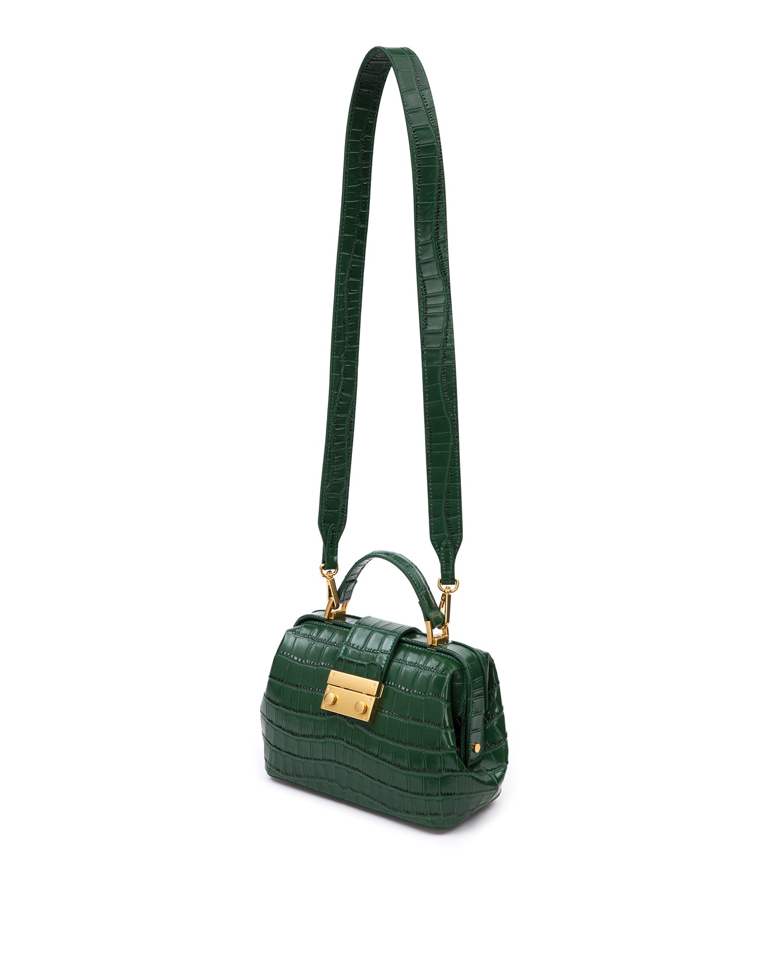 Elizabeth Doctor Bag in hunter green croc embossed leather with hunter green croc embossed leather handle brass clasp buckle, hanging from cross body strap