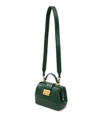 Elizabeth Doctor Bag in hunter green croc embossed leather with hunter green croc embossed leather handle brass clasp buckle, hanging from cross body strap thumbnail 5