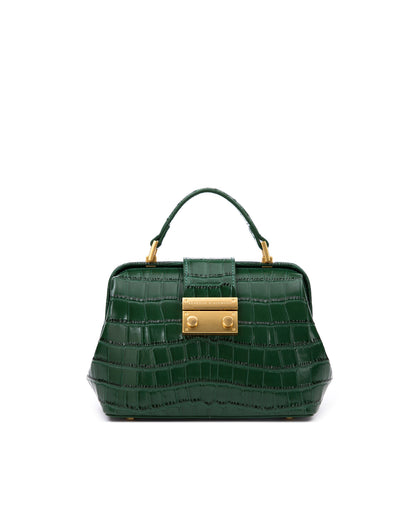 Front of Elizabeth Doctor Bag in hunter green croc embossed leather with hunter green croc embossed leather handle brass clasp buckle thumbnail 1
