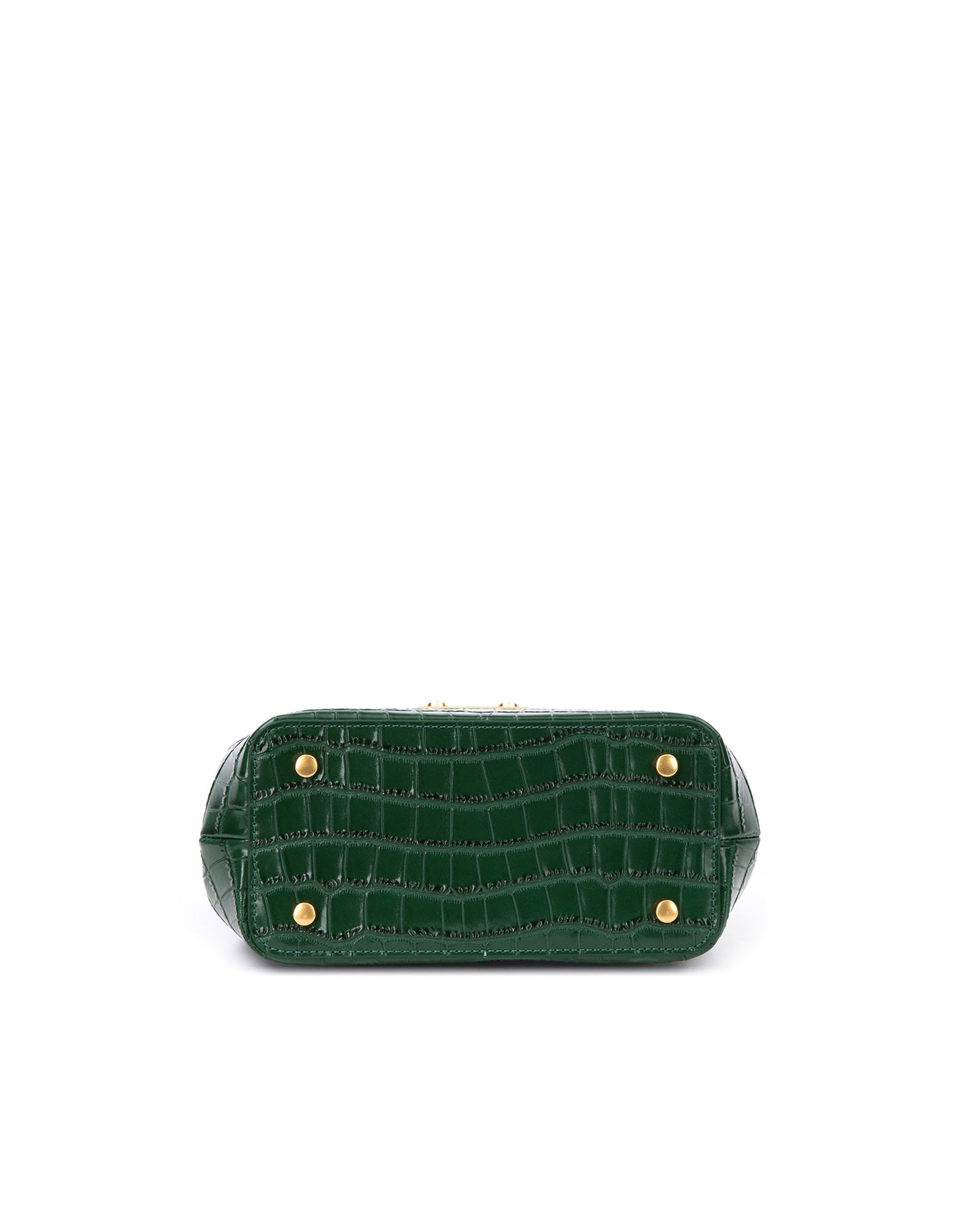 Bottom of Elizabeth Doctor Bag in hunter green croc embossed leather four metal feet