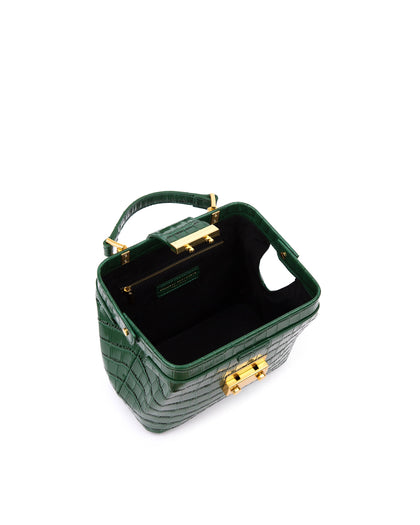 Angled over head view of wide open Elizabeth Doctor Bag in hunter green croc embossed leather with hunter green croc embossed leather handle brass clasp buckle thumbnail 4
