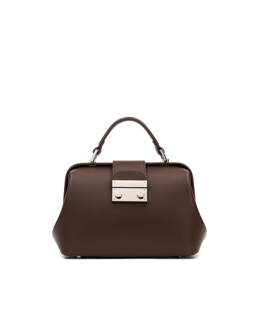 Front of Elizabeth Doctor Bag in dark brown leather with leather handle silver clasp buckle