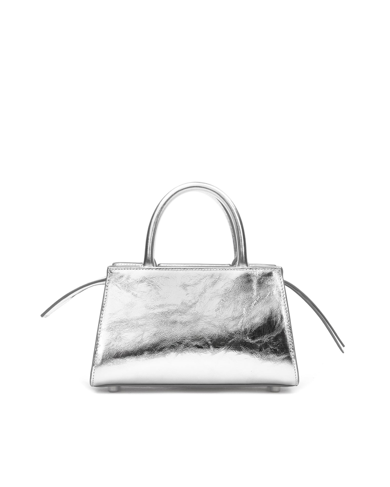 Back of Arlen Bag, metallic silver leather body with leather handle, exaggerated zipper detail Arlen Bag, metallic silver leather body with leather handle, Brandon Blackwood hardware logo, exaggerated zipper detail