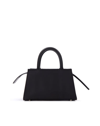 Back of Arlen Bag, black nylon body with leather handle, exaggerated zipper detail Arlen Bag, black nylon body with leather handle, Brandon Blackwood hardware logo, exaggerated zipper detail thumbnail 5