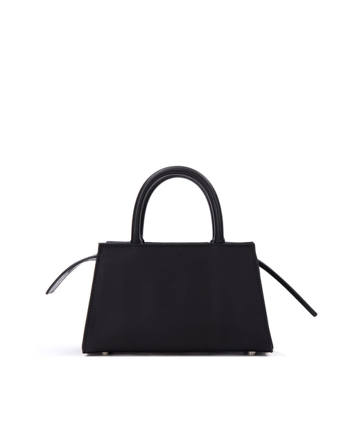 Back of Arlen Bag, black nylon body with leather handle, exaggerated zipper detail Arlen Bag, black nylon body with leather handle, Brandon Blackwood hardware logo, exaggerated zipper detail