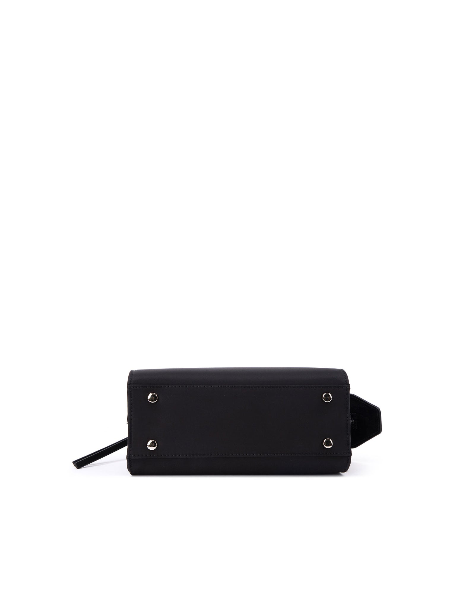 Bottom of Arlen Bag, black nylon body, 4 metal feet