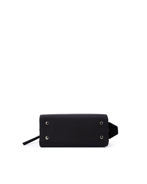 Bottom of Arlen Bag, black nylon body, 4 metal feet