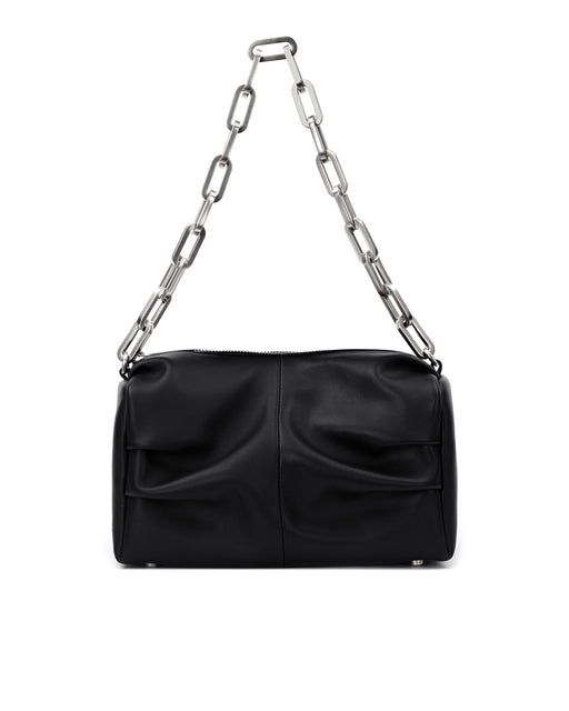 Front of Valentina Shoulder Bag in Black Smooth Leather with Silver Handle