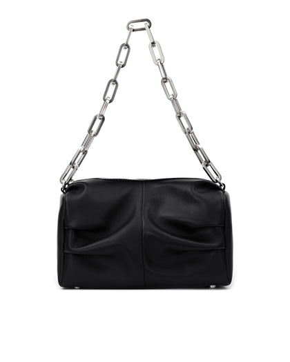 Front of Valentina Shoulder Bag in Black Smooth Leather with Silver Handle thumbnail 1