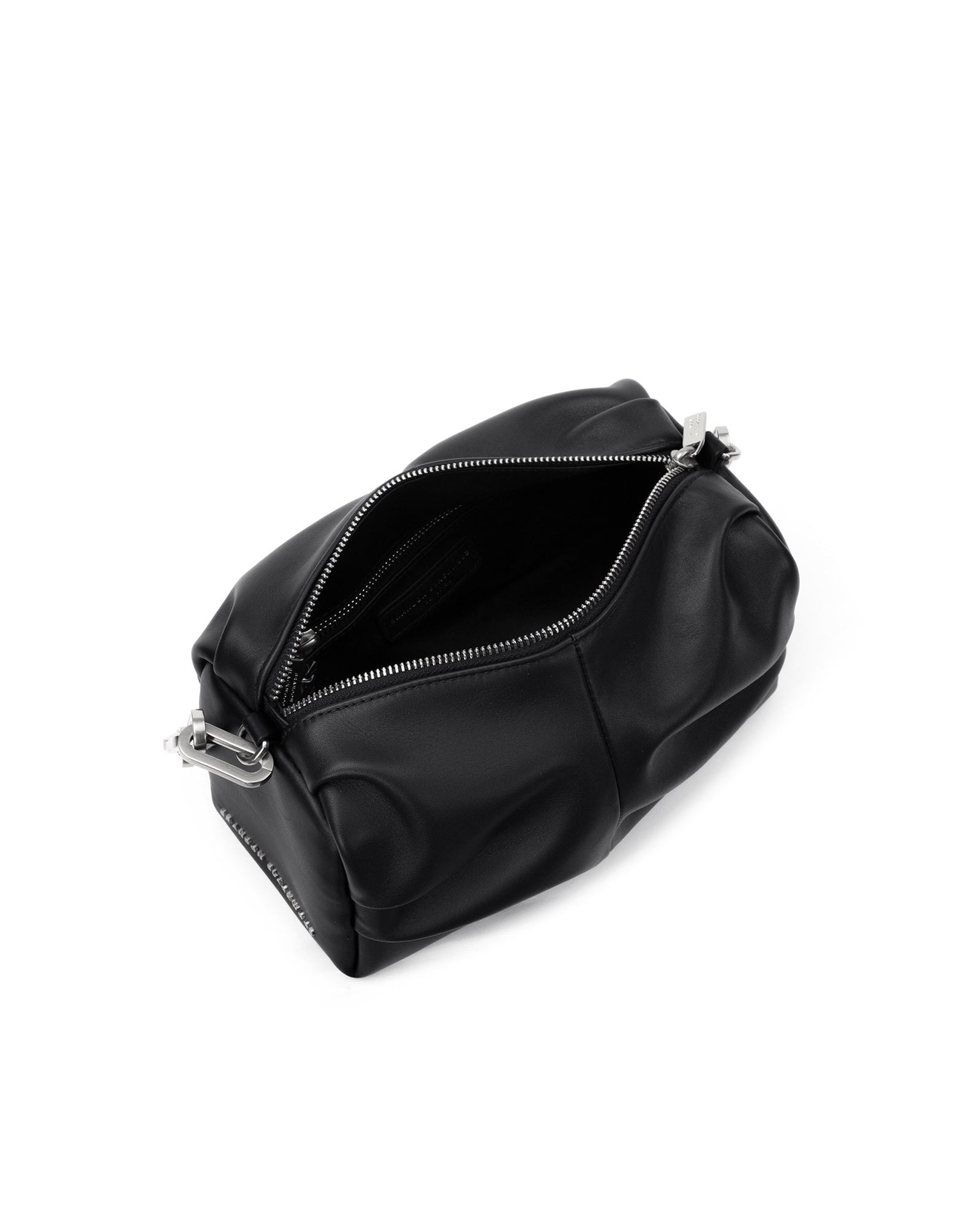 Angled over head view of Valentina Shoulder Bag in Black Smooth Leather with Silver Handle with open zipper