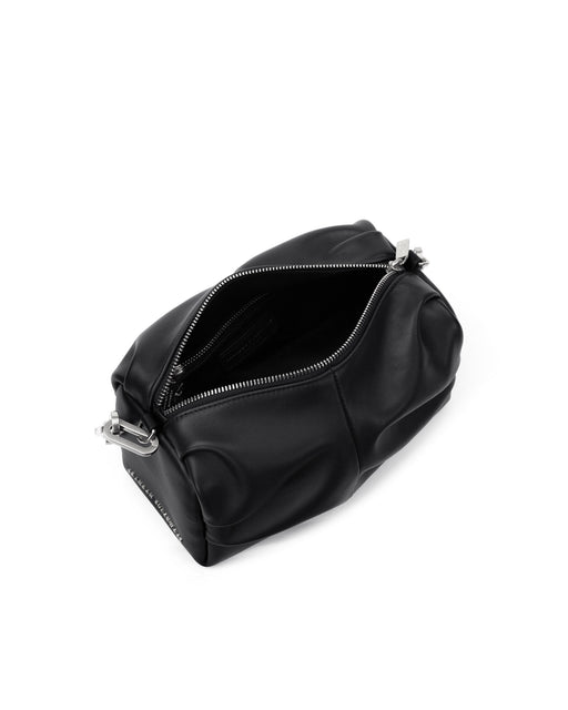 Angled over head view of Valentina Shoulder Bag in Black Smooth Leather with Silver Handle with open zipper