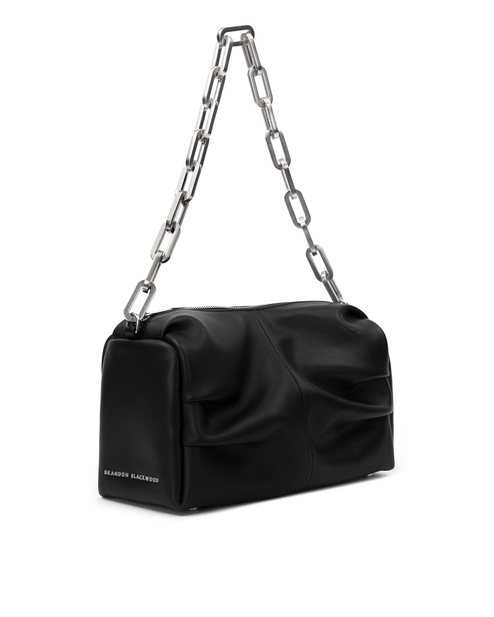 Angled close up  of Valentina Shoulder Bag in Black Smooth Leather with Silver Handle