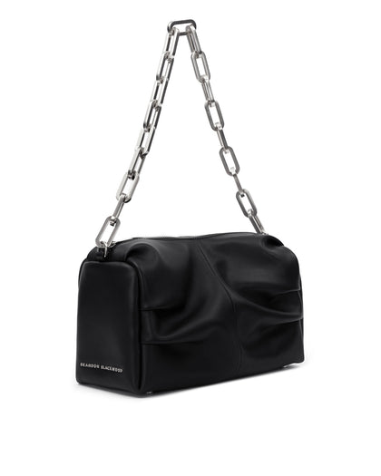Angled close up  of Valentina Shoulder Bag in Black Smooth Leather with Silver Handle thumbnail 6