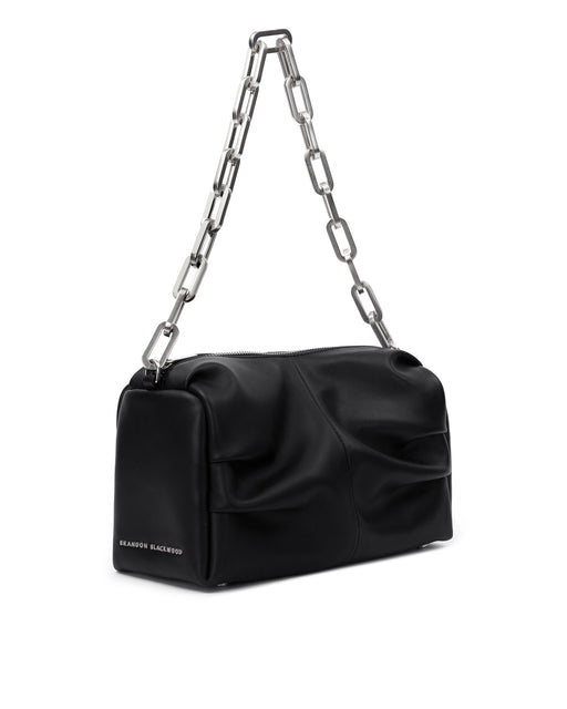 Angled close up  of Valentina Shoulder Bag in Black Smooth Leather with Silver Handle