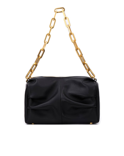 Front of Valentina Shoulder Bag in Black Smooth Leather with Brass Chain Handle thumbnail 1