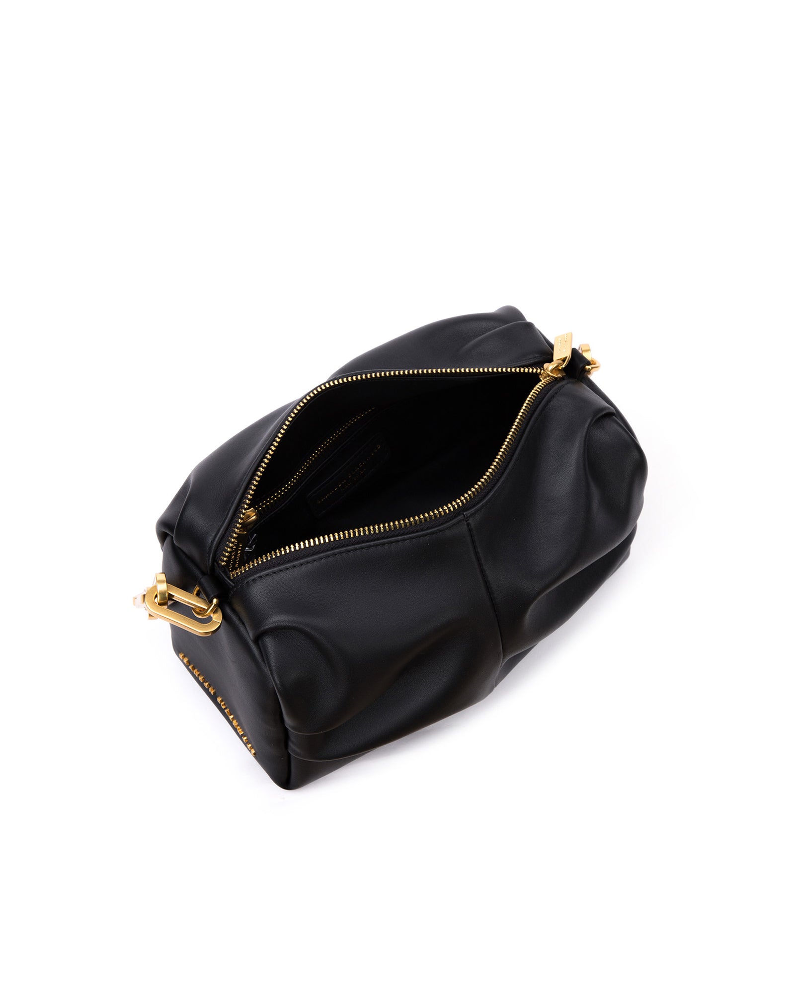 Angled over head view of Valentina Shoulder Bag in Black Smooth Leather with Brass Chain Handle with open zipper