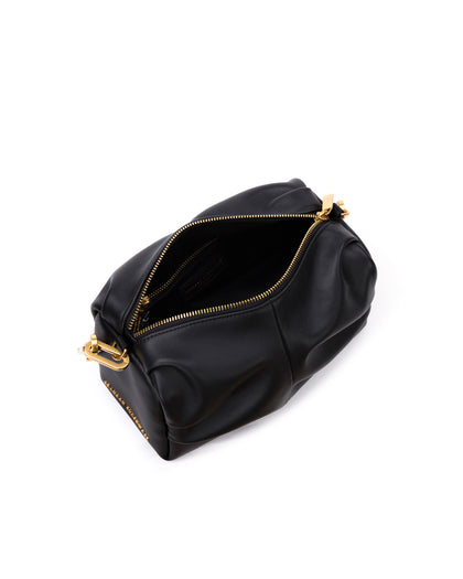 Angled over head view of Valentina Shoulder Bag in Black Smooth Leather with Brass Chain Handle with open zipper thumbnail 5