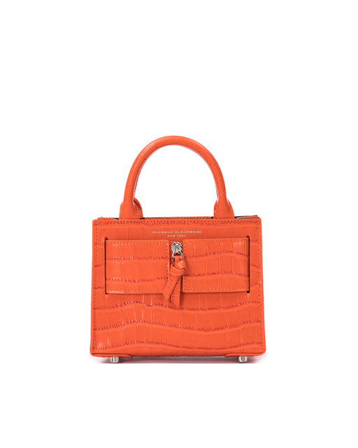 Front of Kuei Bag in orange croc embossed leather with orange croc embossed silver zipper 