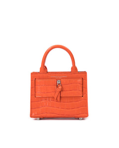 Front of Kuei Bag in orange croc embossed leather with orange croc embossed silver zipper 